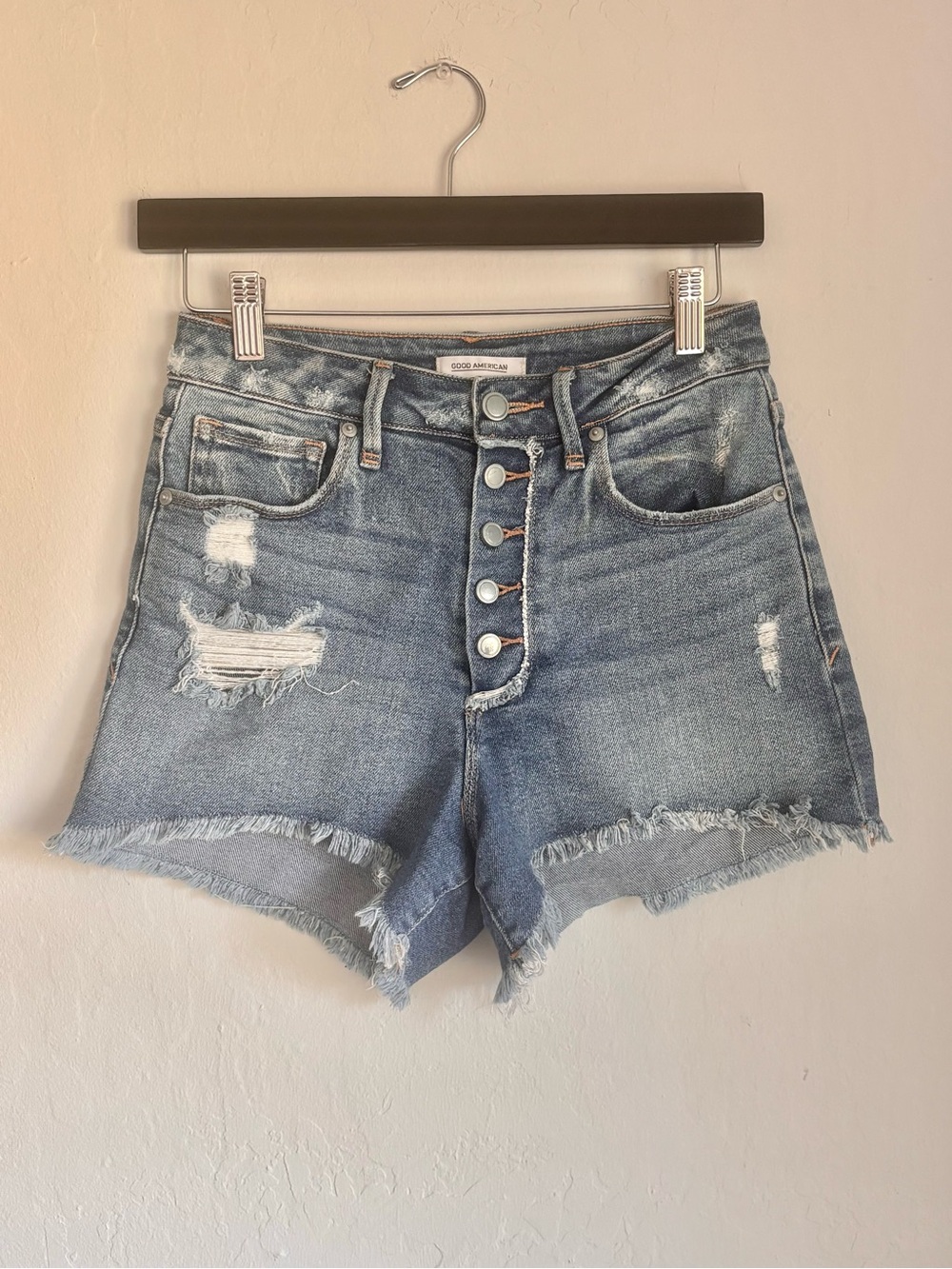 Good American Button-Fly Distressed Denim Shorts - Blue, Sz 2 (26)
